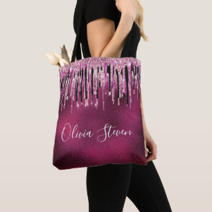 Chic hot pink black drippings glitter monogram tote bag