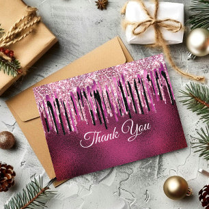 Chic hot pink black drippings glitter thank you card