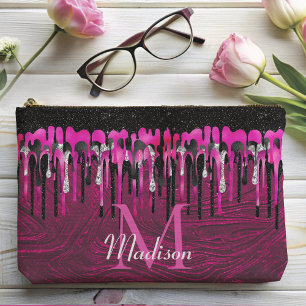 Chic hot pink black glitter drips monogram accessory pouch