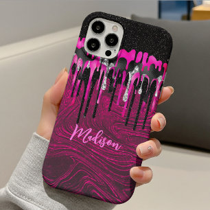 Chic hot pink black glitter drips monogram Case-Mate iPhone case