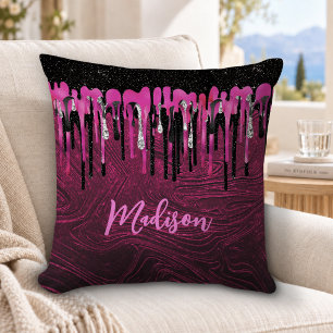 Chic hot pink black glitter drips monogram cushion