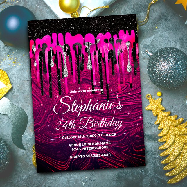 Chic hot pink black glitter drips monogram invitation (Creator Uploaded)