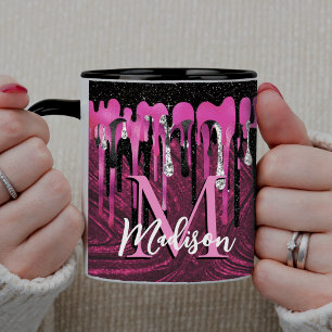 Chic hot pink black glitter drips monogram mug