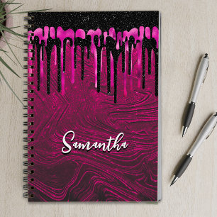 Chic hot pink black glitter drips monogram notebook