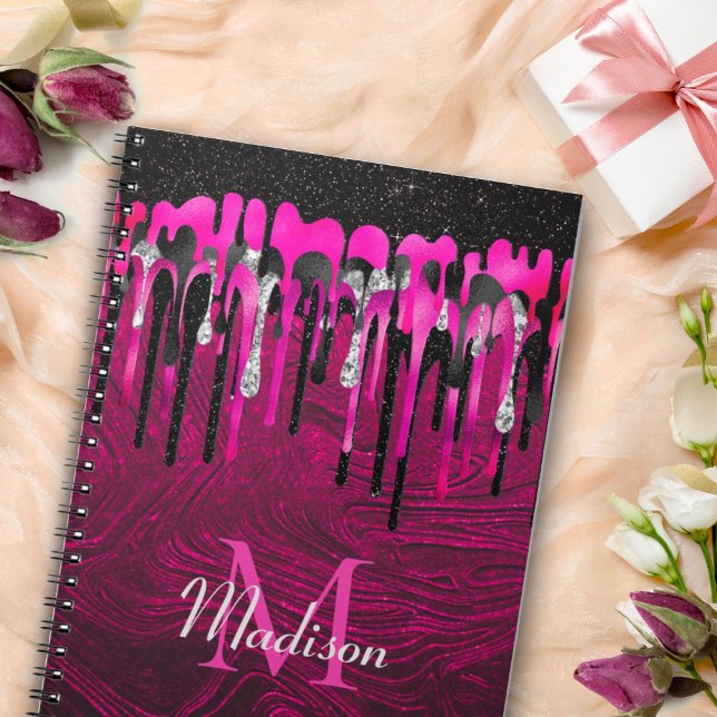 Chic hot pink black glitter drips monogram notebook (Creator Uploaded)