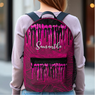 Chic hot pink black glitter drips monogram printed backpack