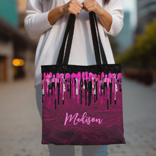Chic hot pink black glitter drips monogram tote bag