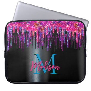 Chic hot pink blue black glitter dripping monogram laptop sleeve