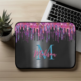 Chic hot pink blue black glitter dripping monogram laptop sleeve