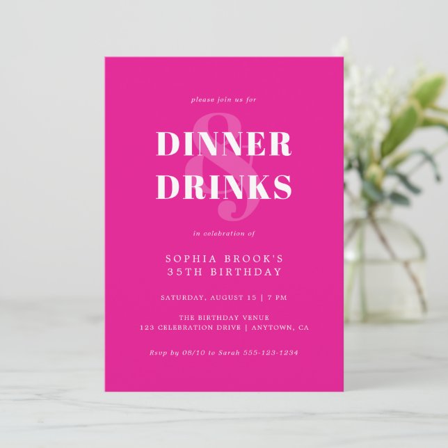 Chic Hot Pink Bold Typography Birthday Dinner Invitation (Standing Front)