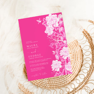 Chic Hot Pink Chinoiserie Flower Garden Wedding Invitation