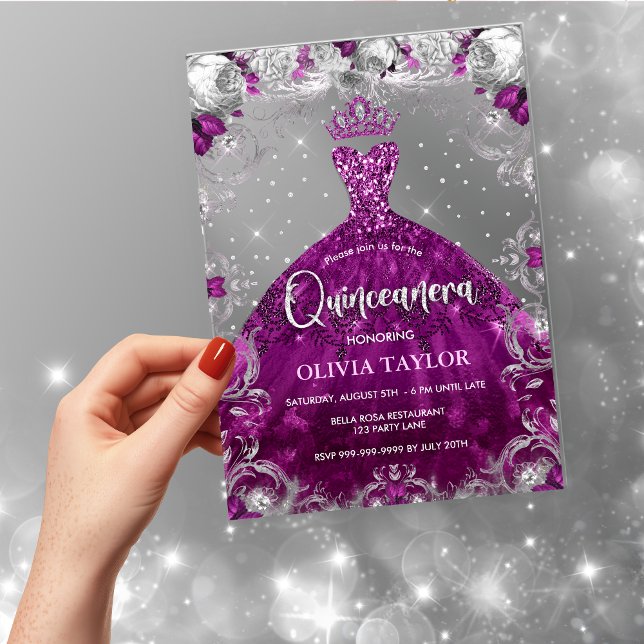 Chic hot pink fuchsia dress floral Quinceanera  Acrylic Invitations (Creator Uploaded)