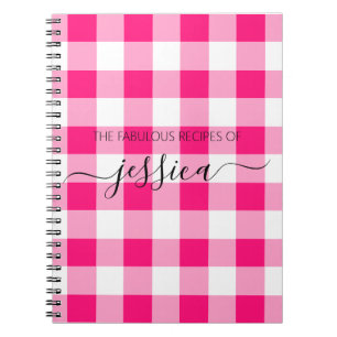 Chic hot pink gingham script name recipe notebook