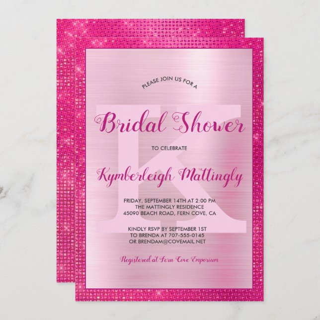 Chic Hot Pink Glam Diamond Sparkle Bridal Shower Invitation (Front/Back)