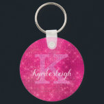 Chic Hot Pink Glam Diamond Sparkle Monogram Name Key Ring<br><div class="desc">This trendy, chic and unique glam girly design features a customisable monogram in pale pink in popular serif typography along with a customisable name in popular script with a hand-lettered look in white. The background includes brushed hot pink magenta fuchsia metal and glimmering diamonds for added glitter and sparkle. You...</div>