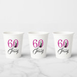 Chic Hot Pink Glitter Sixty Sassy 60th Birthday  Paper Cups<br><div class="desc">Fabulous 60th birthday paper cups with the text sixty and sassy in hot pink glitter and chic script calligraphy with an elegant retro vibe. Exclusively designed by Happy Dolphin Studio. If you need any help or matching products, please contact us at happydolphinstudio@outlook.com. We're happy to celebrate 60 years and help...</div>