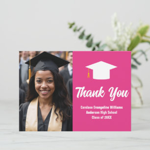 Chic Hot Pink Graduation Photo Custom Thank You Card
