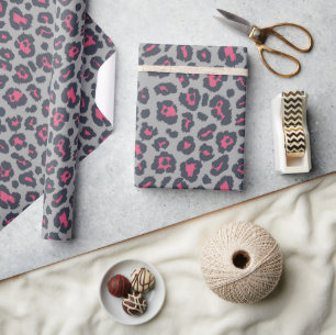Chic Hot Pink Grey Leopard Print Pattern Wrapping Paper