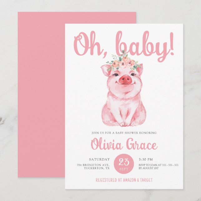Chic Hot Pink Little Pig Baby Girl Baby Shower Invitation (Front/Back)