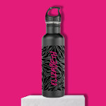 Chic Hot Pink Name on Zebra Print  710 Ml Water Bottle<br><div class="desc">A stylish black water bottle features a pattern of black zebra stripes print accented with your name in hot pink chic lettering printed vertically on the front. Create for yourself or give as a gift.</div>