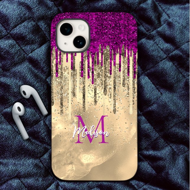 Chic hot pink purple glitter gold drips monogram Case-Mate iPhone case (Creator Uploaded)
