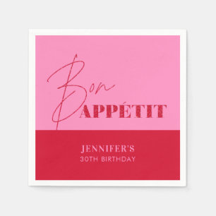 Chic Hot Pink Red Bon Appétit Script Birthday Napkin