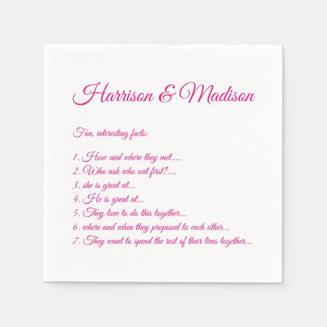 Chic hot pink Script Couple Fun Facts wedding Napkin (Front)