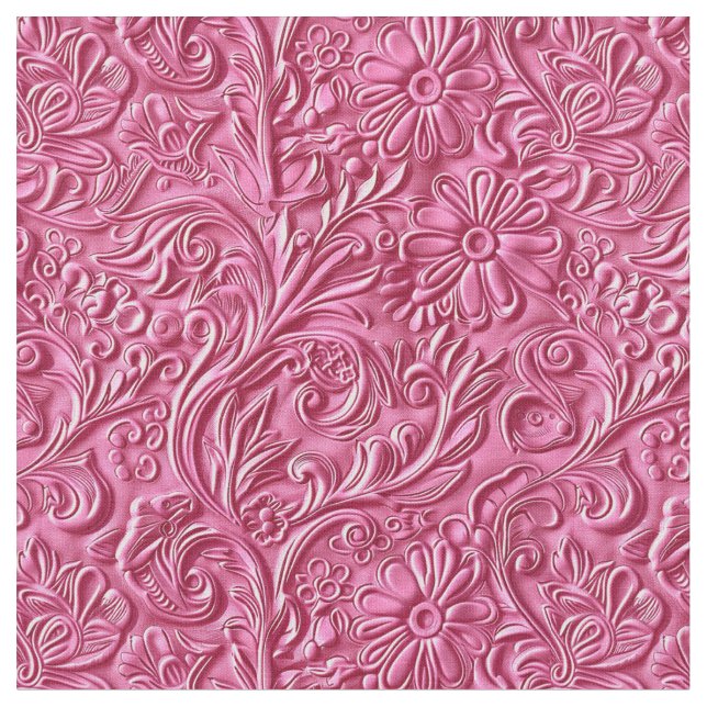 Chic hot pink tooled leather floral fabric (Close Up)