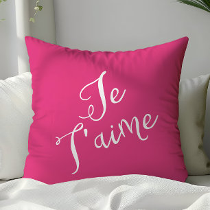 Chic Hot Pink & White Je T'aime French Typography Cushion