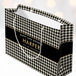 Chic Houndstooth Birthday Any Age 30th Off-white Large Gift Bag