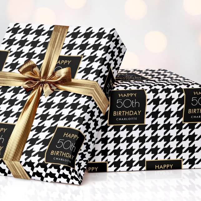 Chic Houndstooth Pattern Birthday 50th Black White Wrapping Paper (Creator Uploaded)