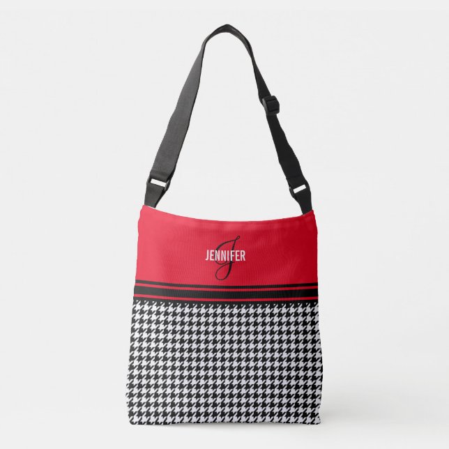 Chic Houndstooth red name monogram Crossbody Bag (Front)