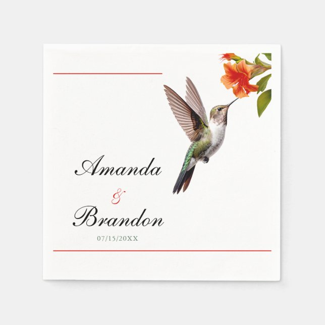 Chic Hummingbird and Orange Flower Wedding Napkin (Front)