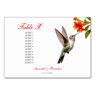 Chic Hummingbird and Orange Flower Wedding Table Number