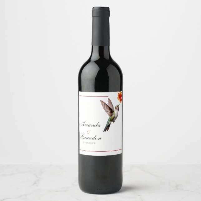 Chic Hummingbird and Orange Flower Wedding Wine Label (Front)