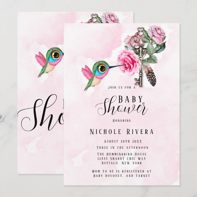 Chic Hummingbird Floral Key Baby Girl Shower  Invitation (Front/Back)