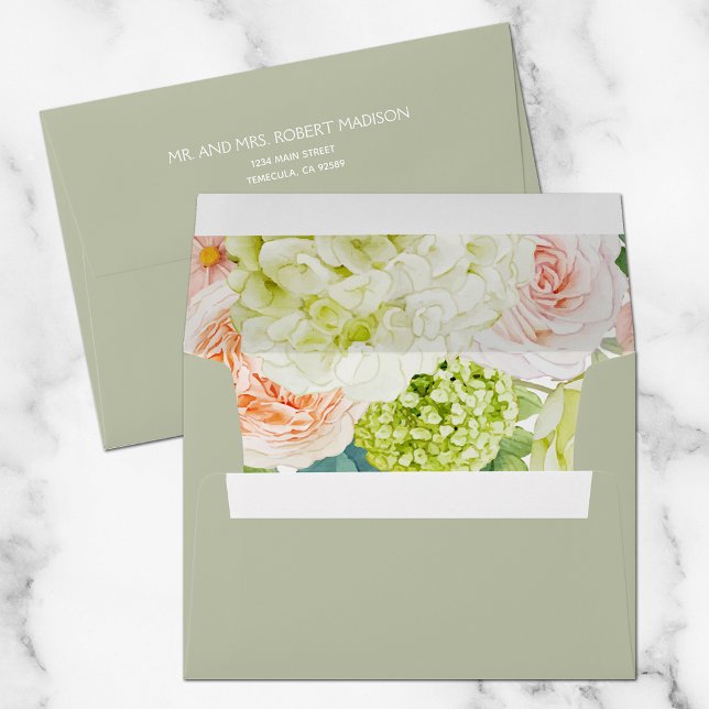 Chic Hydrangea Roses Floral Lined Sage Green Envelope (Chic Hydrangea Roses Floral Lined Sage Green Envelopes)