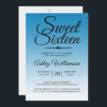 Chic Ibiza Blue Ombre Sweet 16 16th Birthday Invitation<br><div class="desc">A chic tropical Ibiza blue ombre design Sweet 16 birthday invitation. The bright coral fades onto a white background. The text "Sweet Sixteen" in black is set in modern script. Elegant 16th birthday party invitation for a glamourous Sweet Sixteen, perfect for her, the fashionista who loves modern pattern, luxury and...</div>