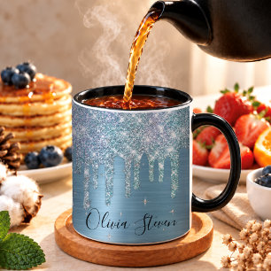 Chic ice blue aqua dripping glitter monogram mug