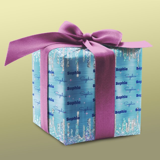 Chic ice blue aqua dripping glitter wrapping paper sheet (Creator Uploaded)