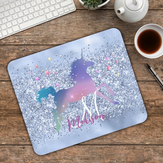 Chic ice blue unicorn glitter stars monogram mouse pad (Creator Uploaded)