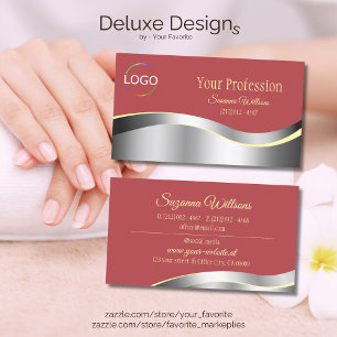 Chic Indian Red Wavy Silver Decor with Brand Logo Business Card