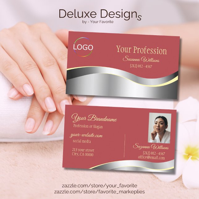 Chic Indian Red Wavy Silver Decor with Logo Photo Business Card (Creator Uploaded)