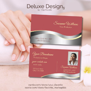Chic Indian Red Wavy Silver Decor with Photo Smart Business Card