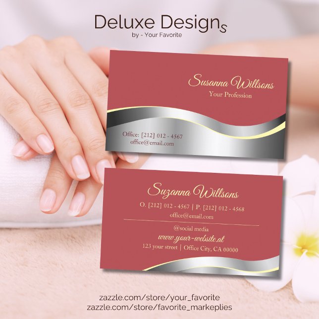 Chic Indian Red with Wavy Silver Decor Innovative Business Card (Creator Uploaded)