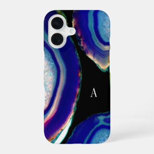 Chic Indigo Agate Geode Monogram iPhone 16 Case