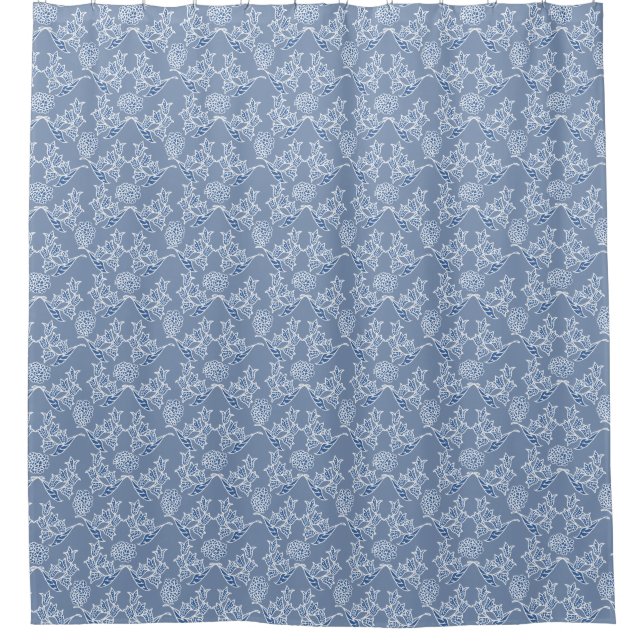 Chic Indigo Blue Ethnic Floral Print Shower Curtain (Front)