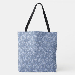 Chic Indigo Blue Floral Faux Lace Pattern Tote Bag