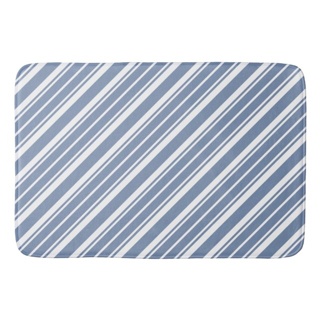 Chic Indigo Blue, White Ticking Stripes Bath Mat (Front)