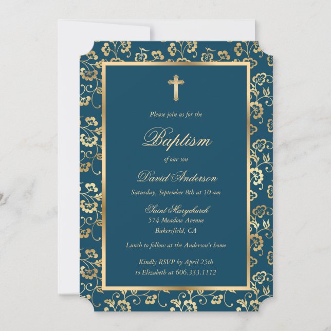 Chic Indigo Dye Gold Cross Script Floral Baptism Invitation (Front)